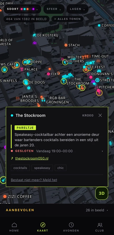 De ontdekkaart in JUST GO OUT met filters voor het soort plek en de sfeer.