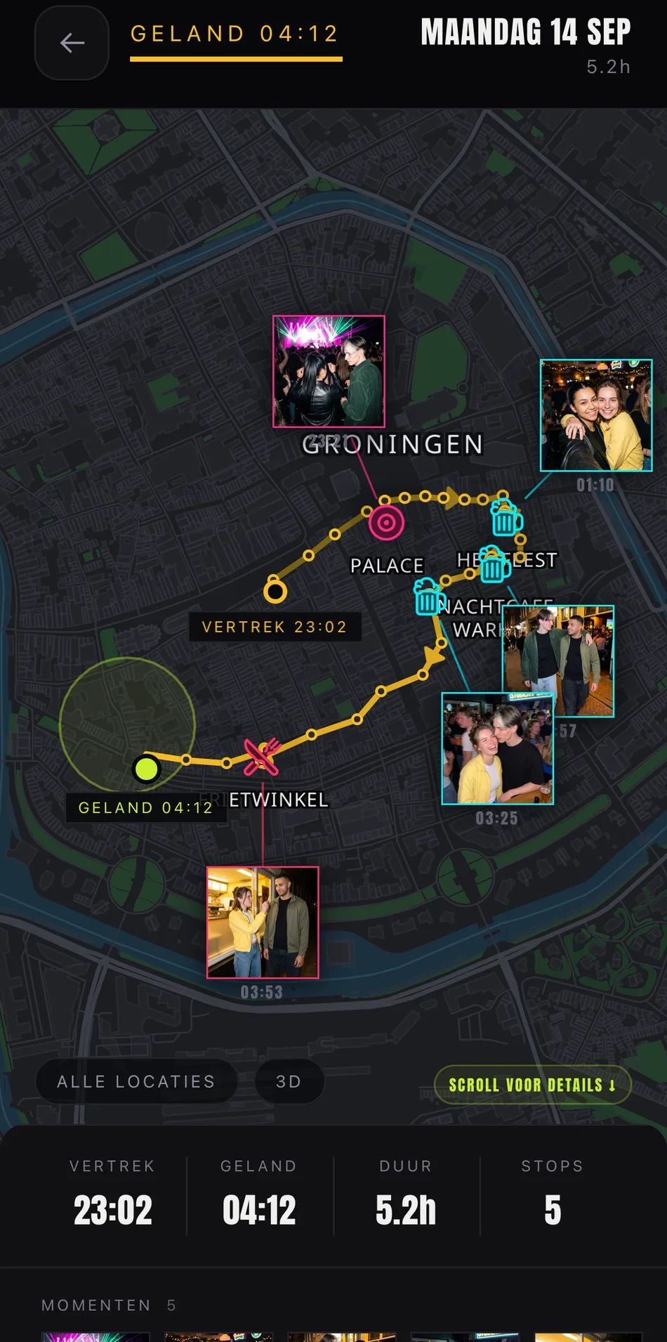 Voorbeeldnacht door Groningen: de route langs Palace, Het Feest, Nachtcafe Warhol, RGB Bar en de snackbar, met de foto's van die nacht als kaartjes naast de kroeg waar ze gemaakt zijn.
