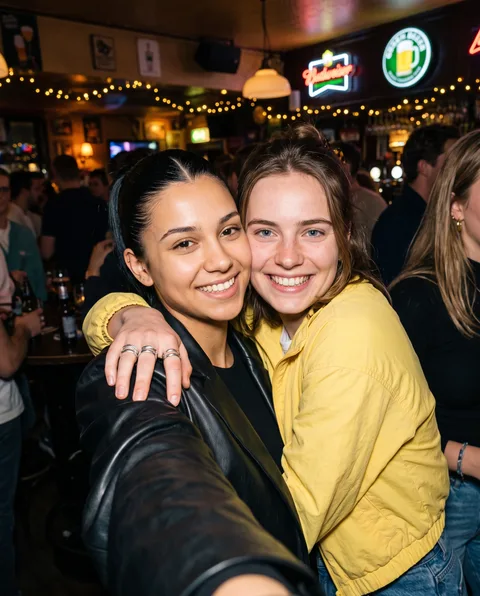 Twee vriendinnen maken een selfie tijdens een avond in de kroeg.
