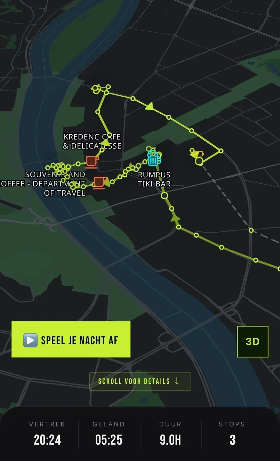 De nachtkaart in de app: de gelopen route door de stad met de kroegen als stops erop, en onderin het tijdstip van vertrek, van thuiskomst, de duur en het aantal stops.